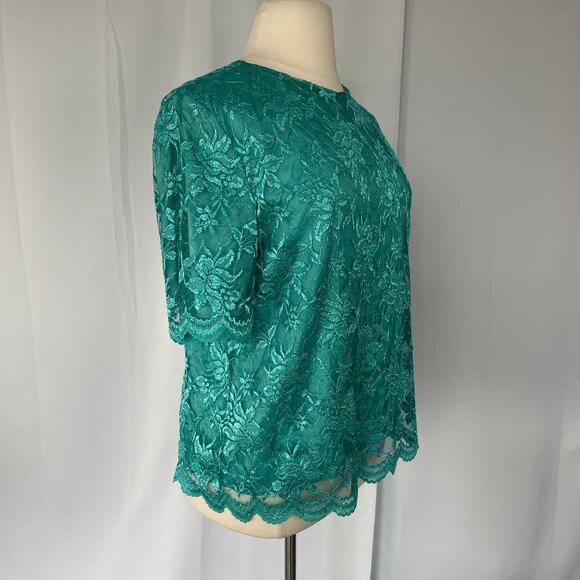 Vintage Top Size XL Teal Green Lace Short Sleeve Romantic Feminine Coquette 90s - Picture 5 of 10